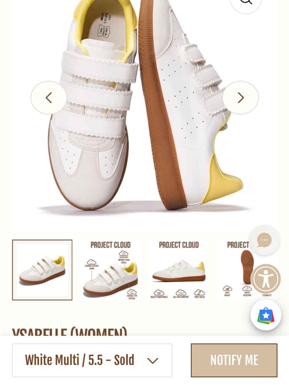 Women's White Velcro Sneakers with Yellow Lining